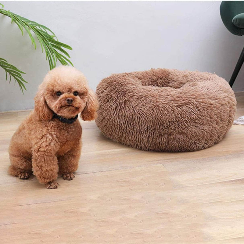 Cuppy Calming Faux Fur Donut Cuddler Bed for Dogs & Cats | Washable Round Pillow | Brown